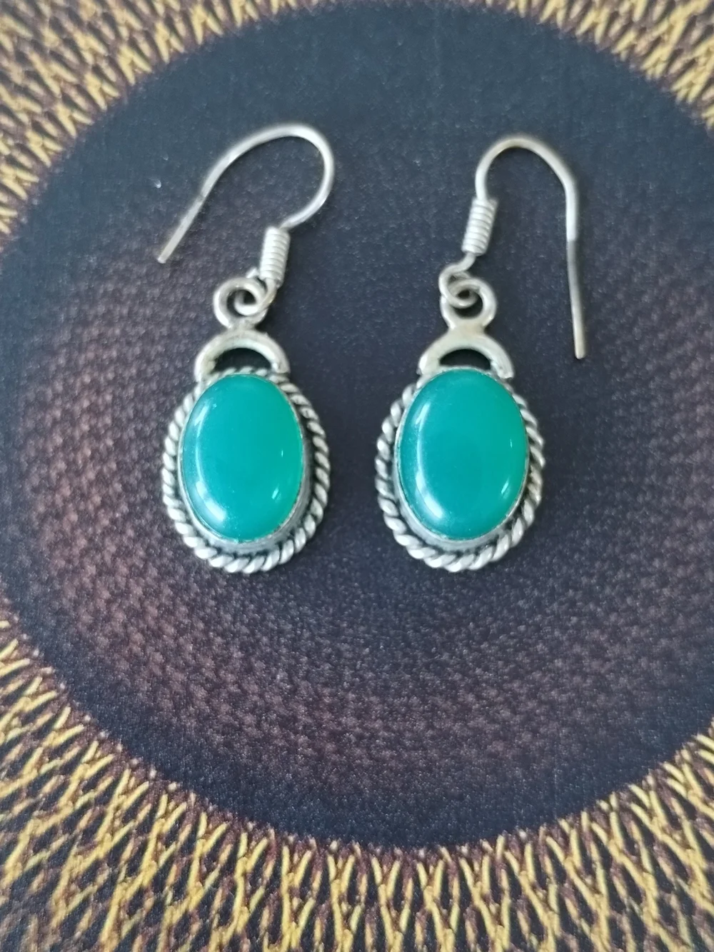 Vintage Indian Silver Teal Oval Drop Earrings
